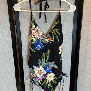 Kona Sol Black Floral Halter Tie V-Neck Side Cinch Tankini Swim Bathing Top NWT